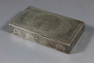 An Eastern engraved white metal box with hinged lid 5", signed to the inside of the lid