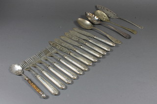 A set of 6 silver plated fish knives and forks and a small  collection of plated items