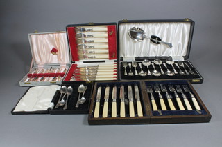 A set of 6 silver plated fruit spoons and forks, 6 silver plated fish knives and forks, 6 silver plated fruit knives and forks, 6 silver  plated pastry forks etc