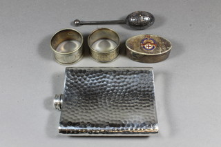 A pewter hip flask, a silver plated tea infuser etc