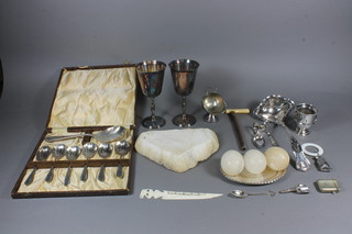 A set of 6 silver plated fruit spoons and a small collection of  plated items