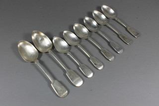 A pair of Victorian silver fiddle pattern table spoons and 6 silver pudding spoons Exeter 1850, by William Rawlings Sobey  15 ozs