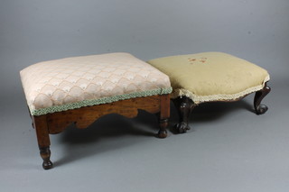 A Victorian rectangular mahogany footstool raised on cabriole supports 5"h x 12"w x 11"d together with an Edwardian  mahogany stool raised on turned supports 7"h x 13" x 10"