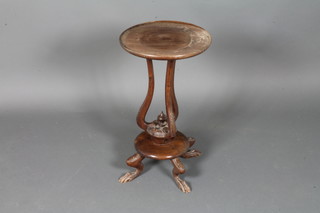 A Victorian style circular dish top wine table raised on 3 scroll supports with circular base and hoof feet 26"h x 15"diam.