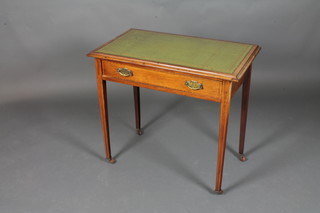 An Art Nouveau inlaid mahogany writing table, fitted a green  skiver above 1 long drawer on square tapering supports 30"h x  33"w x 19"d