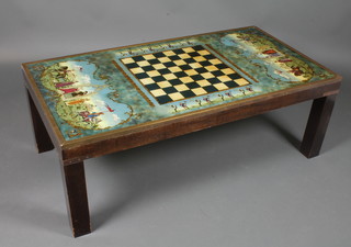A rectangular Military style mahogany and brass banded coffee  table, the glass top painted a chess board and with scenes of  mediaeval court 18"h x 52"w x 27"d