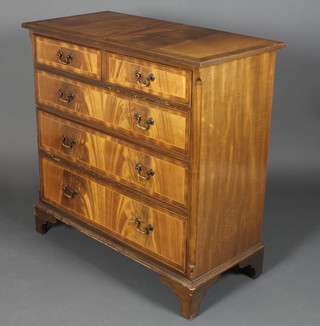 A Georgian style mahogany chest with crossbanded top fitted 2 short and 3 long drawers with brass swan neck drop handles,  raised on bracket feet 36"h x 36"w x 17.5"d
