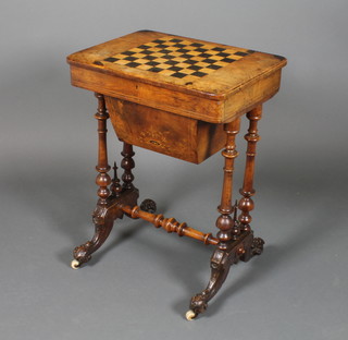 A Victorian inlaid mahogany chess/sewing table the top inlaid a chessboard with deep basket below, raised on turned columns  28"h x 21"w x 15.5"d  ILLUSTRATED