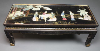 A Chinese style rectangular lacquered coffee table the top with  hardstone panel decorated figures, 17"h x 45"w x 17"d