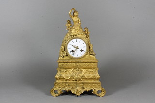 A mid 19th Century French ormolu figural mantel clock, the  case in the Rococo style with a figural finial of a young girl  enjoying grapes, above a Roman enamelled dial with outer  minute track, set 8 day cylinder movement with count wheel  strike on bell, signed Japy Freres 13.25"h x 8.5"w x 3.5"d