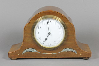 An Edwardian walnut mantel timepiece having Arabic enamelled  dial, set 8 day cylinder movement with platform escapement, the  case decorated with mother of pearl 6"h x 9.25"w x 3"d