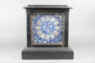 A late 19th Century slate mantel clock with blue and white  ceramic dial and Arabic dial decorated with flowers together with  an unattached 8 day movement, af, 14"h x 14"w x 8"d