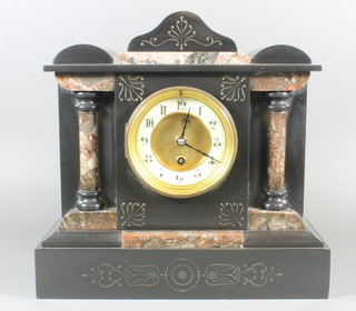 A Victorian 8 day timepiece with enamelled dial and Arabic numerals contained in a black and coloured marble architectural  case