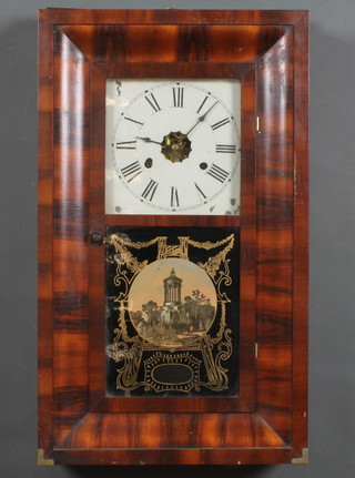 An American 30 hour striking wall clock with painted dial and  Roman numerals by Jerome & Co, the glass door decorated Burns memorial