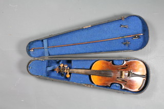 A violin with 2 piece back 14.5", complete with bow and  wooden carrying case