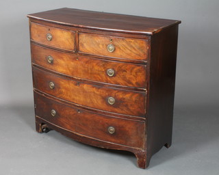A late George III mahogany bow fronted chest of 2 short above 3 long graduated drawers, on a shaped plinth base 38.5"h x 42"w x  20.5"d