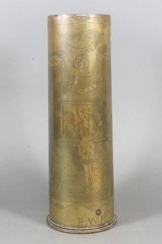 A WWI 18llb trench art shell case, engraved a figure of a bathing and dressing lady, marked Somme Ypres RWF