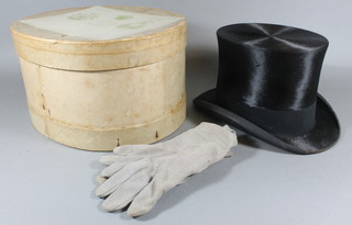 A gentleman's black silk top hat, approx. size 7 and a pair of  grey gloves