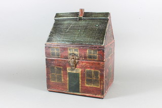 A pine trinket box in the form of a house 13"h x 8.5"w x 7.5"d