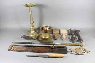 A 19th Century oak and brass banded gauge, brass pedestal  ashtray, pair of butter pats, various metalware etc
