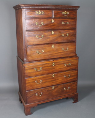 An early George III mahogany chest on chest, having dentil  moulded cornice above 2 short and 3 graduated long drawers  flanked by fluted chamfered corners, the lower section fitted 3  graduated long drawers, raised on shaped bracket feet 71"h x  42"w x 22"d