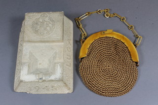 A rectangular carved stone ashtray with RAF crest marked Luga  Malta 1945 6" and a lady's evening bag - f,