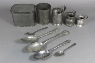 A pewter D shaped caddy with hinged lid 3.5", 2 small pewter  measures, 3 pewter table spoons and 2 teaspoons together with a  pewter half pint measure and 1 other