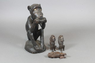 3 carved figures - The Wise Monkeys 2.5" and 1 other of a  seated monkey 8"