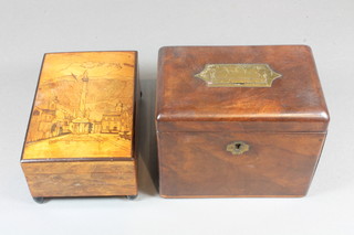 A Sorrento musical cigarette box with hinged lid 6" together with a Victorian rectangular mahogany trinket box with hinged lid and brass escutcheons 6"