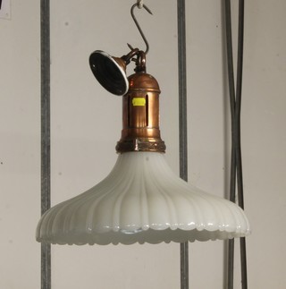 An Art Nouveau copper light fitting with milk glass shade 16"
