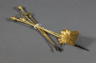 A 19th Century brass 4 piece fireside companion set comprising  brush, shovel, poker and tongs