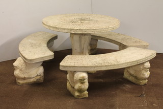 A large circular reconstituted stone pedestal table raised on 4  scroll supports together with 3 crescent shaped benches raised on  lion end supports