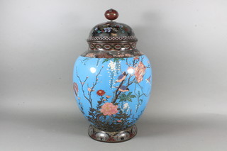 A Japanese blue ground cloisonne urn and cover decorated birds  20", f,