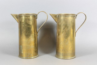 A pair of Trench Art jugs formed from 18lbs shell cases  engraved the badge of the Royal Engineers marked souvenir  Viamer