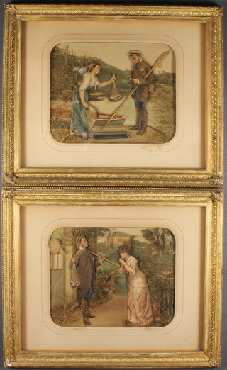 A pair of Victorian 3 dimensional coloured card panels "The Fisherman" 11" x 14" contained in gilt frames