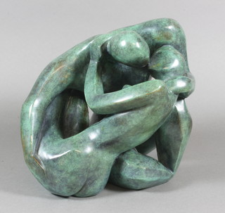 Philippe Jamin, French contemporary, "Couple Baiser", a limited edition, no 3 of 8, a verdigris polished bronze figural study, with  foundry mark, signed 7"  ILLUSTRATED FRONT  COVER