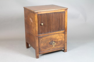 A George III style mahogany commode with hinged top enclosed  by a tambour shutter, the base fitted a drawer, on square supports  30"h x 22"w x 20"d