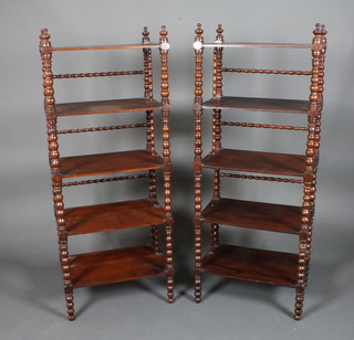 A pair of Victorian rectangular mahogany 5 tier what-nots raised on bobbin turned columns 52"h x 22"w x 14"d
