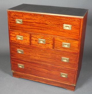A Georgian style mahogany military secretaire chest with black  skiver top top, the well fitted secretaire drawer above 3 short and  2 long drawers, raised on a platform base 39"h x 36"w x 18"d