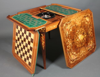 A square Sorrento style inlaid games table incorporating a roulette wheel and table, a chess board, backgammon board,  29"h x 30"w x 30"d