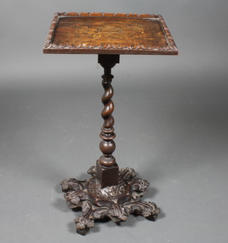 A rectangular Victorian carved oak tilt top occasional table, raised on spiral turned column 28"h x 15"w x 14"d