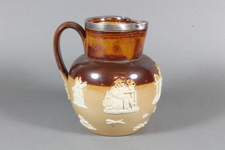 A Doulton Lambeth salt glazed hunting jug with silver rim 6"