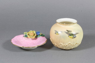 A Royal Worcester squat shaped blush ivory vase decorated Blue  Tits, the base with green Worcester mark and 12 dots, marked  1042 3" together with a circular pink ground Worcester dish  decorated flowers 3"