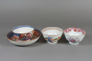 A Chinese 18th Century Kien-Lung tea bowl and saucer together  with a circular tea bowl with floral decoration the base with seal  mark 3" and 1 other tea bowl decorated figures 3"