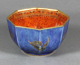 An octagonal Wedgwood blue lustre bowl decorated birds, the base marked 25294 3.5"  ILLUSTRATED