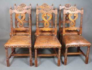 A set of 6 early 20th Century oak dining chairs in the early 18th Century style having interlaced splats, brown leather stuff over  seats on ring turned supports, united by stretchers