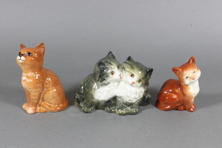 A Beswick figure of a seated ginger cat 3.5", 1 other 3" and a  figure of 2 seated cats marked Beswick 1316 4"