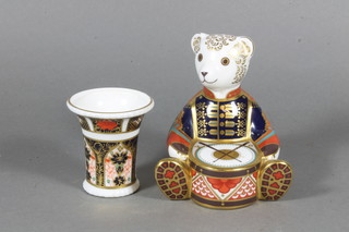 A Royal Crown Derby figure of a seated drummer bear LX11 4" and a do. Imari pattern vase 1128 XXXVIII 3"