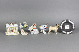 2 Hollohaza figures of rabbit and bird 3", a Beswick figure of a bulldog, a Coalport reproduction pastel burner, etc