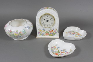 An Aynsley Wild Tudor pattern vase 4", 2 Aynsley cottage  garden dishes 5" and a timepiece in an Aynsley pottery case